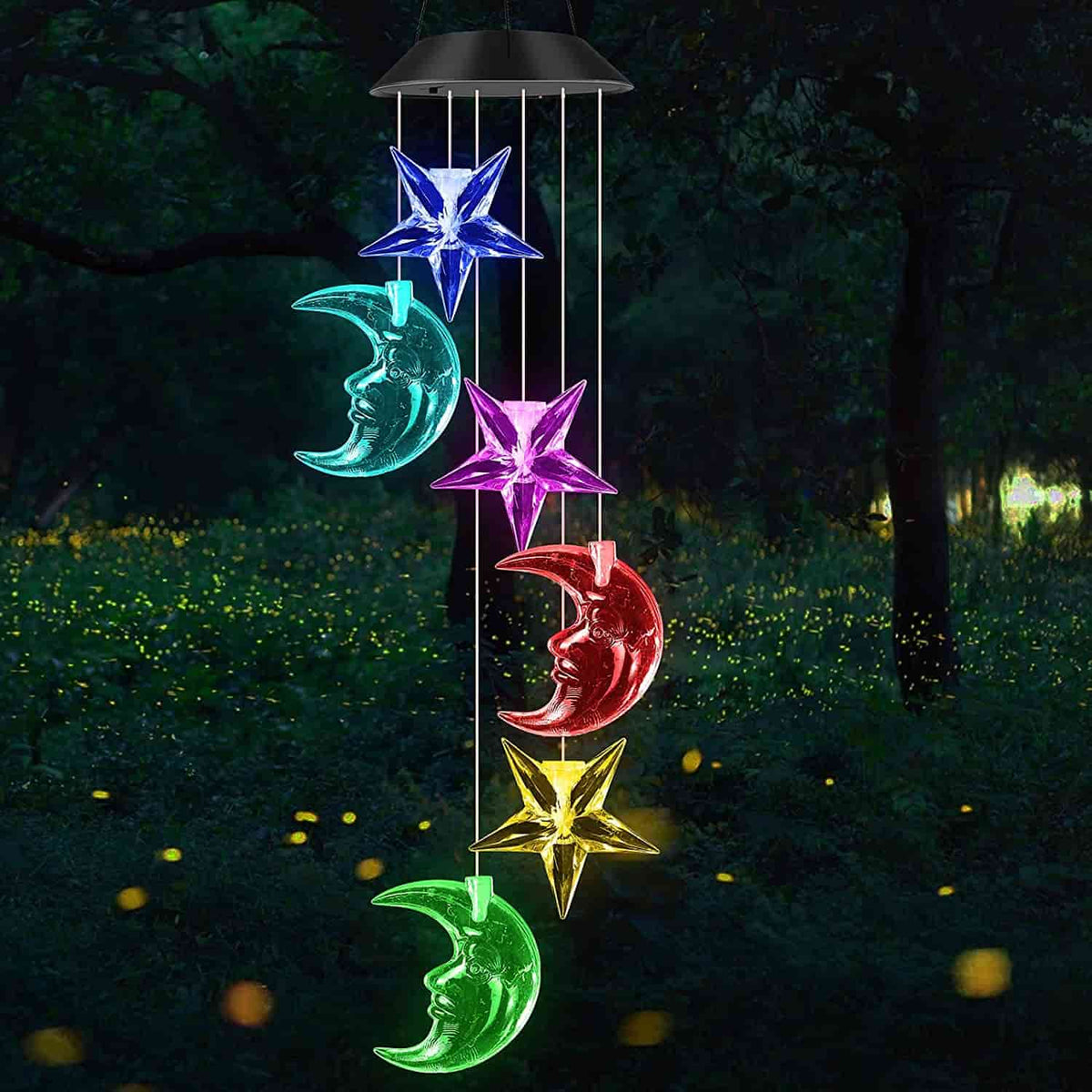 Solar Wind Chimes, Moon and Star Hanging Mobile Color Changing Light for Garden Patio Yard Window Outdoor Decorations
