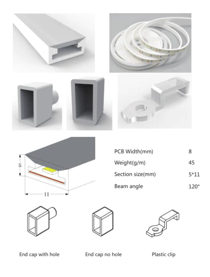 1M/5M/10M/20M Pack of T0511 LED Neon Light Housing Kit with End Caps and Mounting Clips, Flexible Neon Channel Fit for 8mm Wide LED Strip Lights
