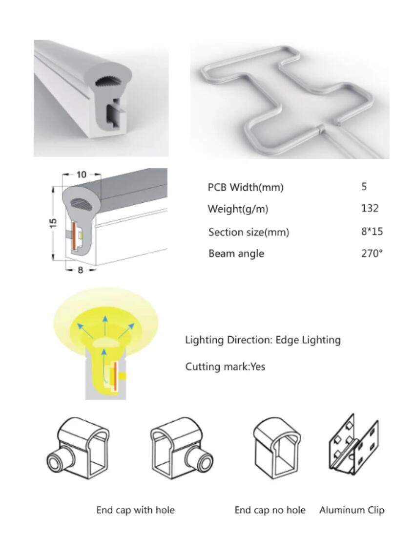 1M/5M/10M/20M Pack of T0815 LED Neon Light Housing Kit with End Caps and Mounting Clips, Flexible Neon Channel Fit for 5mm Wide LED Strip Lights
