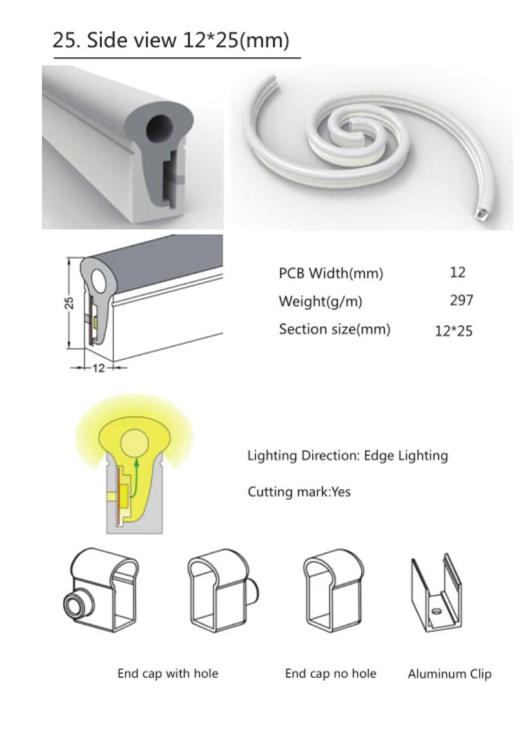 1M/5M/10M/20M Pack of T1225 LED Neon Light Housing Kit with End Caps and Mounting Clips, Flexible Neon Channel Fit for 12mm Wide LED Strip Lights