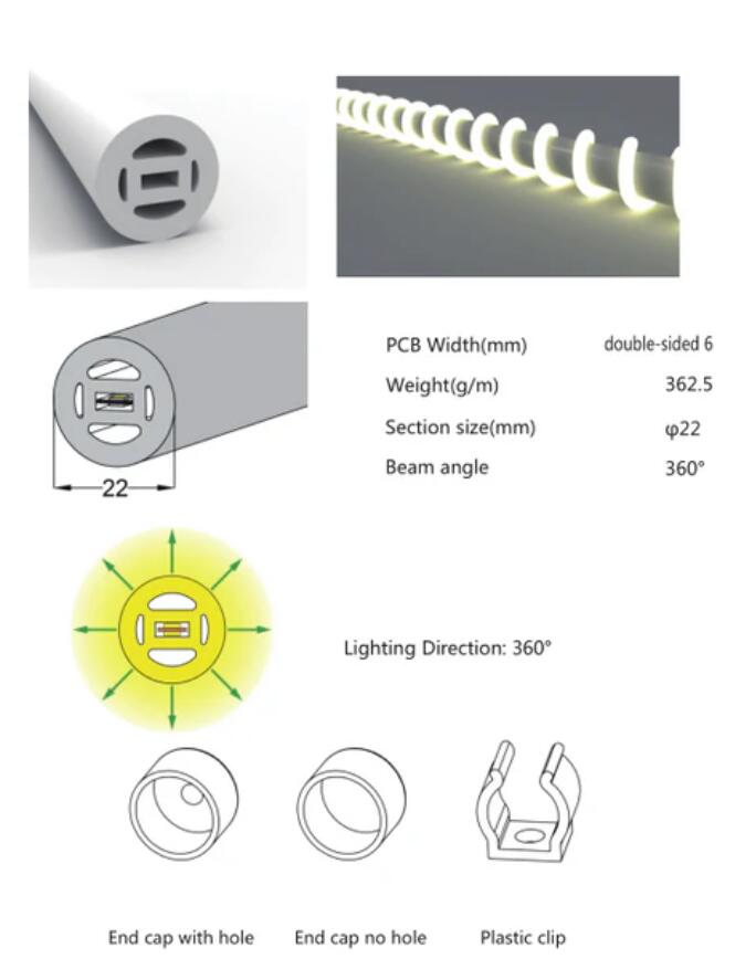 1M/5M/10M Pack of T22D LED Neon Light Housing Kit with End Caps and Mounting Clips, Flexible Neon Channel Fit for 6mm Wide LED Strip Lights