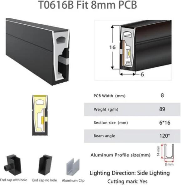 16.4FT(5Meters) 06*16mm 120° Side Insert Top Emitting IP67 Waterproof Flexible Full Black Silicon LED NEON Tube Housing Fit for 8mm Wide LED Strip Light