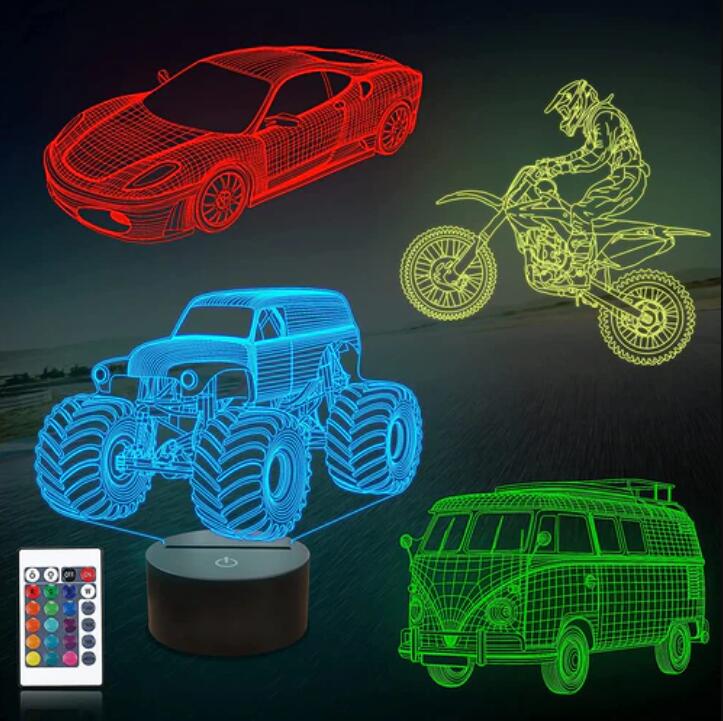 Transportation Images 3D Illusion LED Night Light w/ 16 Colors Remote Touch Switch Adjustable Brightness for Kids Bedroom Decoration