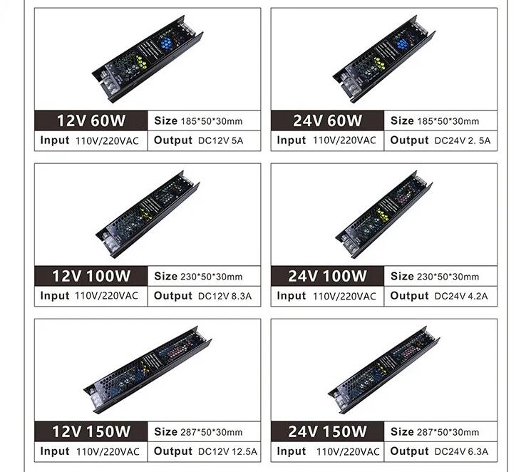 12V 60W 100W 150W Power Supply, Triac Dimmable Constant Voltage LED Driver, 110V AC to 12V/24V DC Transformer Compatible with Standard Wall Dimmers for Under Cabinet LED Strip Lights