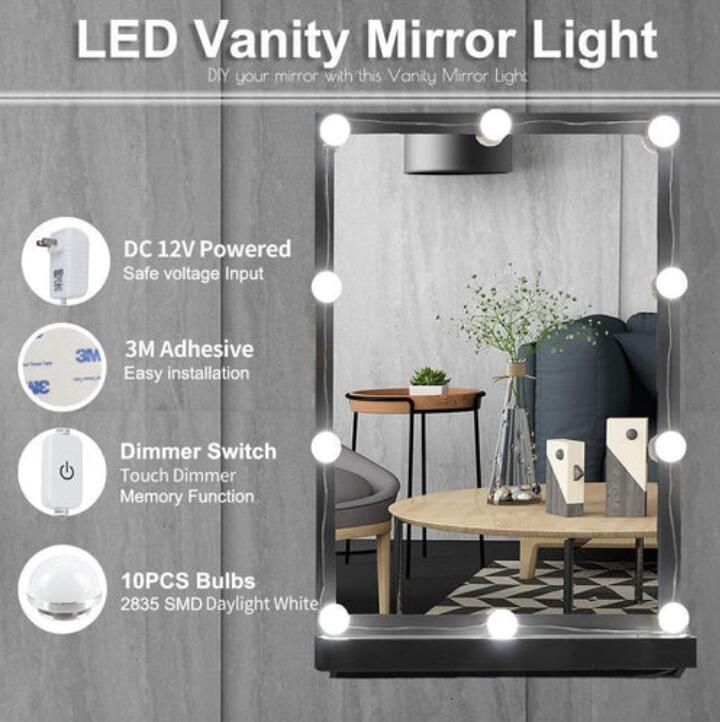 Hollywood Style Vanity Mirror Lights, 10 Vanity Makeup LED Light Bulbs in Small Size with Dimmable Touch Sensor for Makeup Mirror