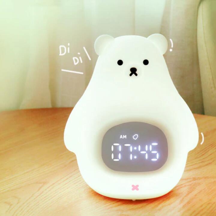 White Bear Clock and LED Night Light Rechargeable Nursery Lamp with Timer for Baby Girls Boys