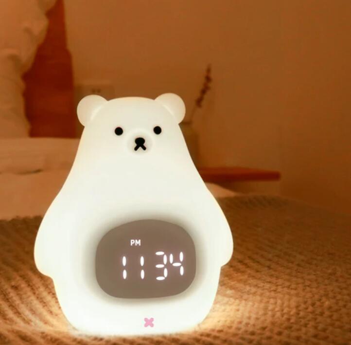 White Bear Clock and LED Night Light Rechargeable Nursery Lamp with Timer for Baby Girls Boys