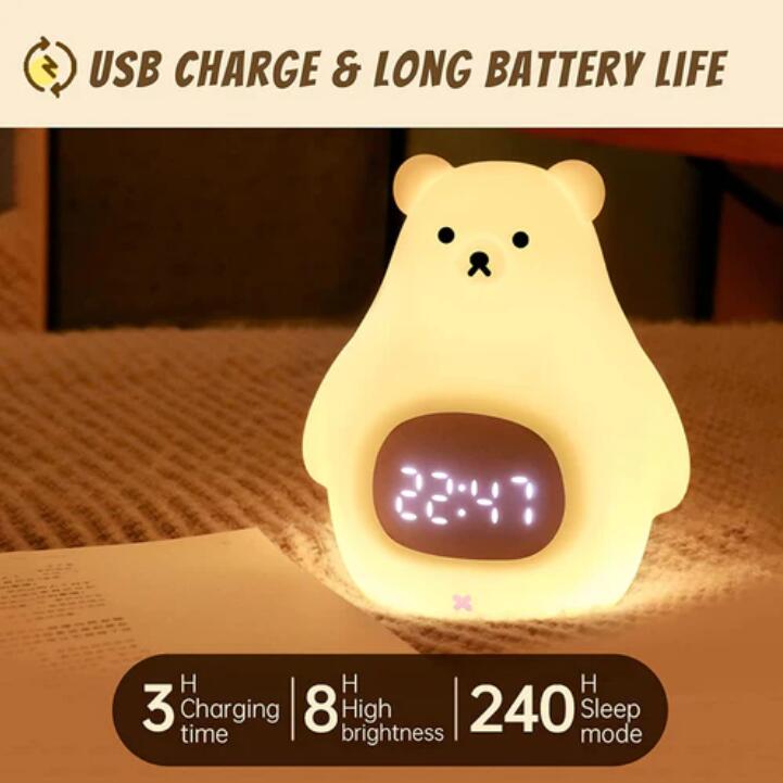 White Bear Clock and LED Night Light Rechargeable Nursery Lamp with Timer for Baby Girls Boys