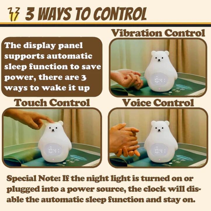 White Bear Clock and LED Night Light Rechargeable Nursery Lamp with Timer for Baby Girls Boys