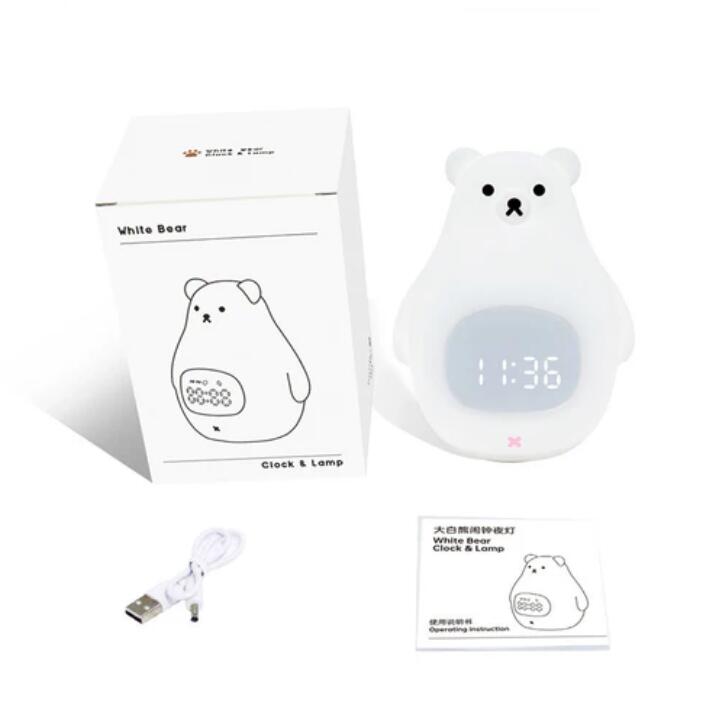 White Bear Clock and LED Night Light Rechargeable Nursery Lamp with Timer for Baby Girls Boys