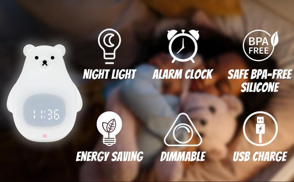 White Bear Clock and LED Night Light Rechargeable Nursery Lamp with Timer for Baby Girls Boys
