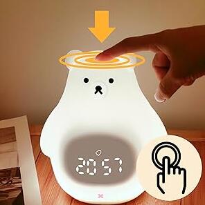 White Bear Clock and LED Night Light Rechargeable Nursery Lamp with Timer for Baby Girls Boys
