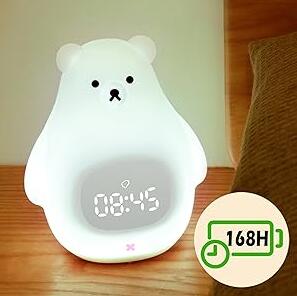 White Bear Clock and LED Night Light Rechargeable Nursery Lamp with Timer for Baby Girls Boys