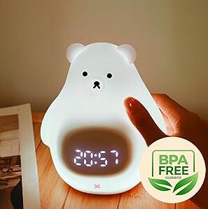 White Bear Clock and LED Night Light Rechargeable Nursery Lamp with Timer for Baby Girls Boys