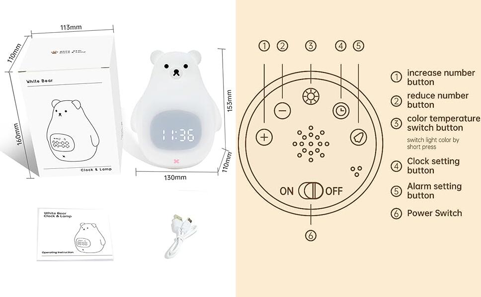 White Bear Clock and LED Night Light Rechargeable Nursery Lamp with Timer for Baby Girls Boys