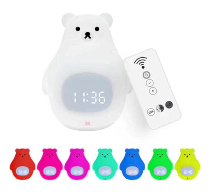 White Bear Clock and LED Night Light Rechargeable RGB Color Nursery Lamp Remote Controlled for Baby Girls Boys