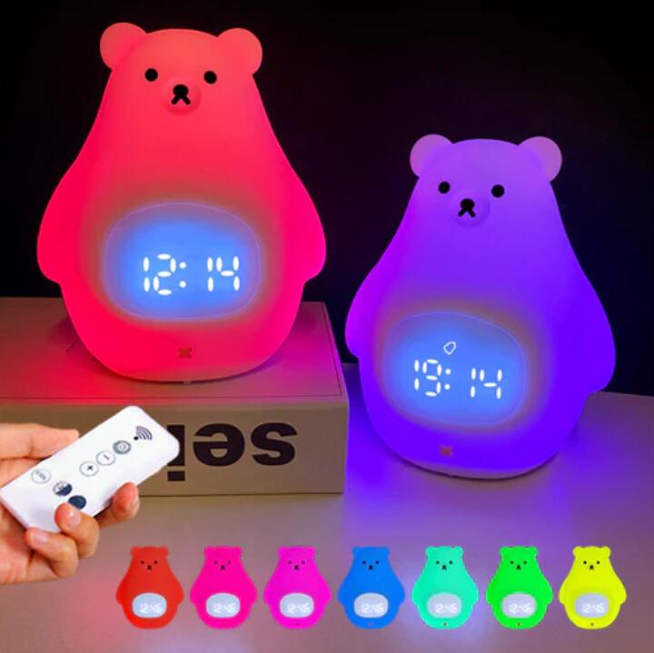 White Bear Clock and LED Night Light Rechargeable RGB Color Nursery Lamp Remote Controlled for Baby Girls Boys