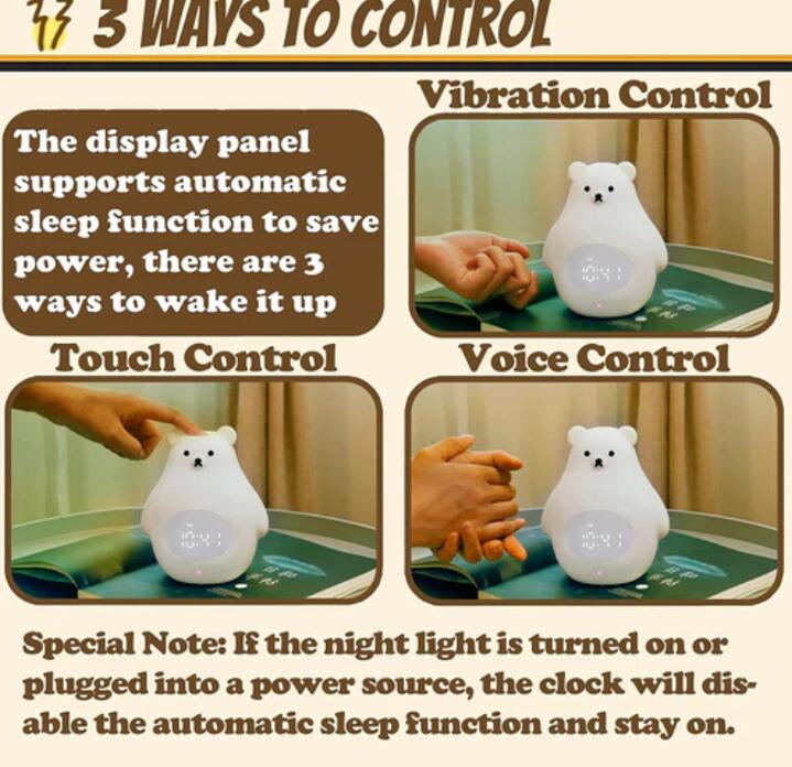 White Bear Clock and LED Night Light Rechargeable RGB Color Nursery Lamp Remote Controlled for Baby Girls Boys