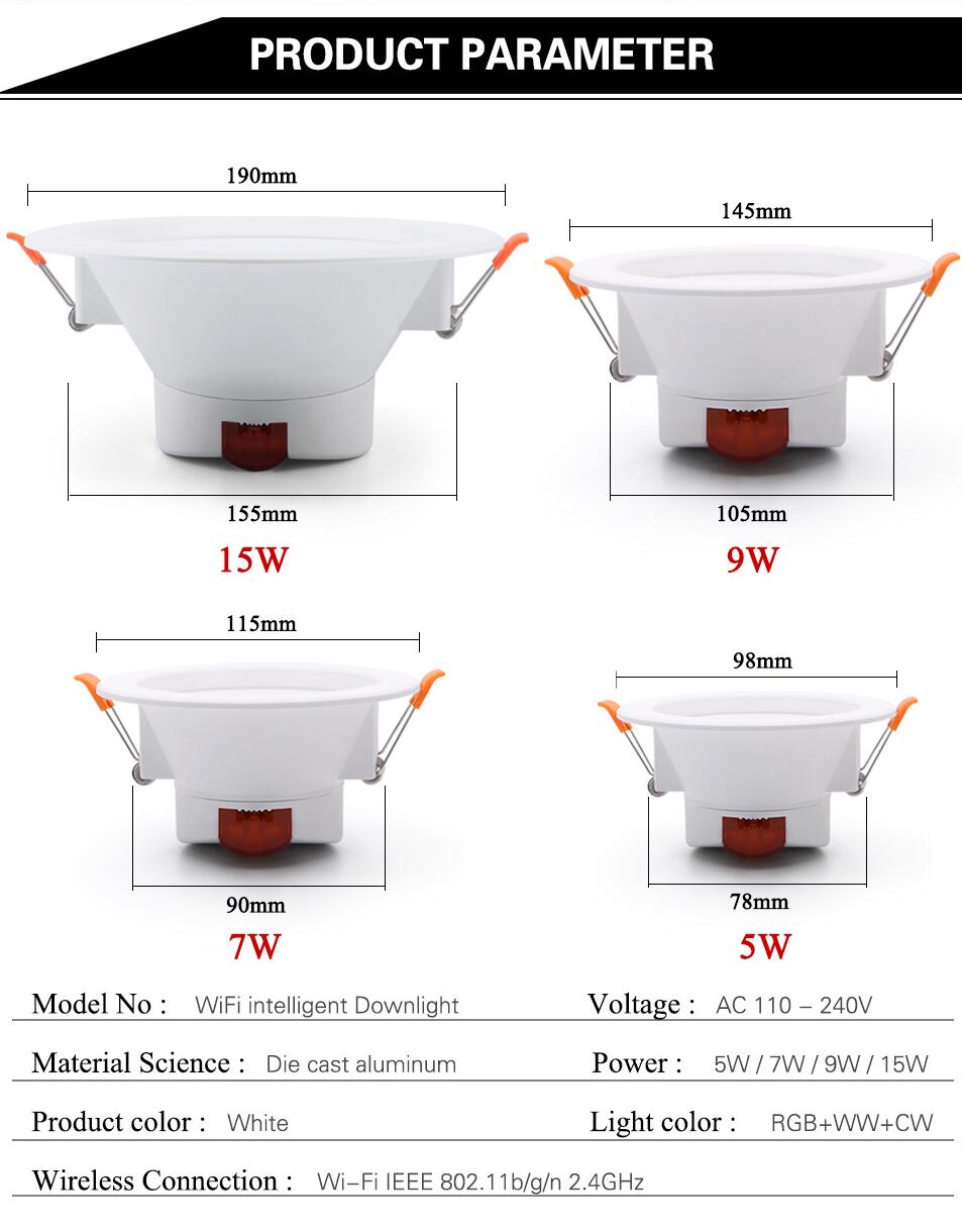 6Pack WiFi Intelligent LED Downlight RGBCW WiFi APP Controlled LED Downlight 3 Inch 5W 120V /220V AC, Dimmable RGBCW 2700-6500K Color Changing, Compatible with Alexa/Google, Ceiling Lights