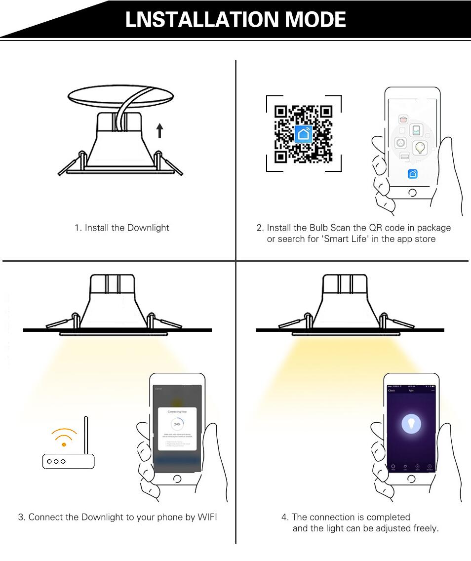 6Pack WiFi Intelligent LED Downlight RGBCW WiFi APP Controlled LED Downlight 3 Inch 5W 120V /220V AC, Dimmable RGBCW 2700-6500K Color Changing, Compatible with Alexa/Google, Ceiling Lights